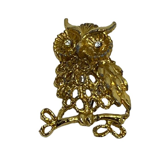 Owl Brooch Clear Rhinestone Eyes Filigree Gold Tone Vintage Pin - Picture 4 of 8